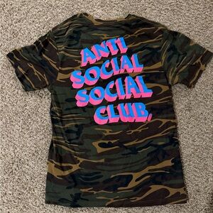 Anti Social Social Club Camo Tee with Pink and Blue Text